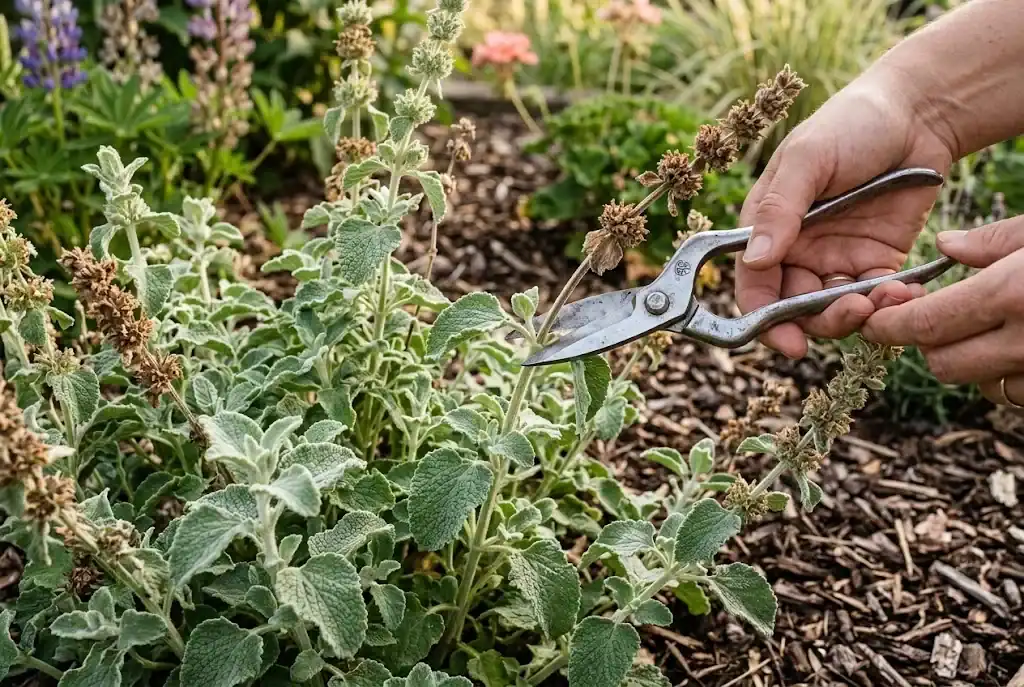 Trimming fading flower spikes from a horehound plant with garden snips to prevent self-seeding