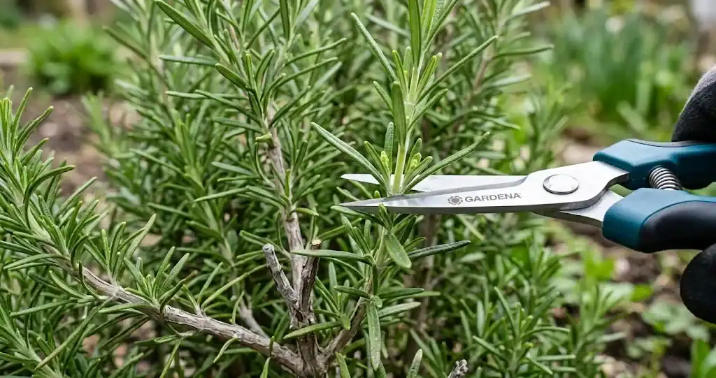 Bypass garden snips trimming the green tip growth of a bushy rosemary shrub above an active leaf node in early spring
