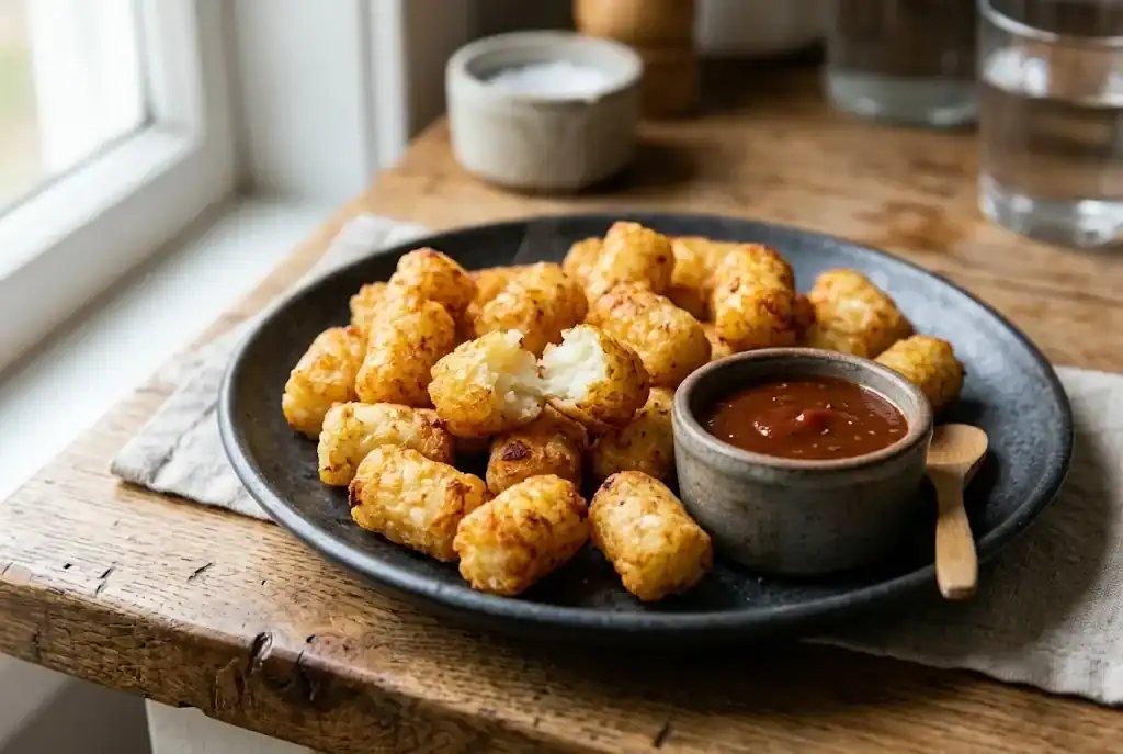 Hot crispy golden tater tots served on a platter with dipping sauce