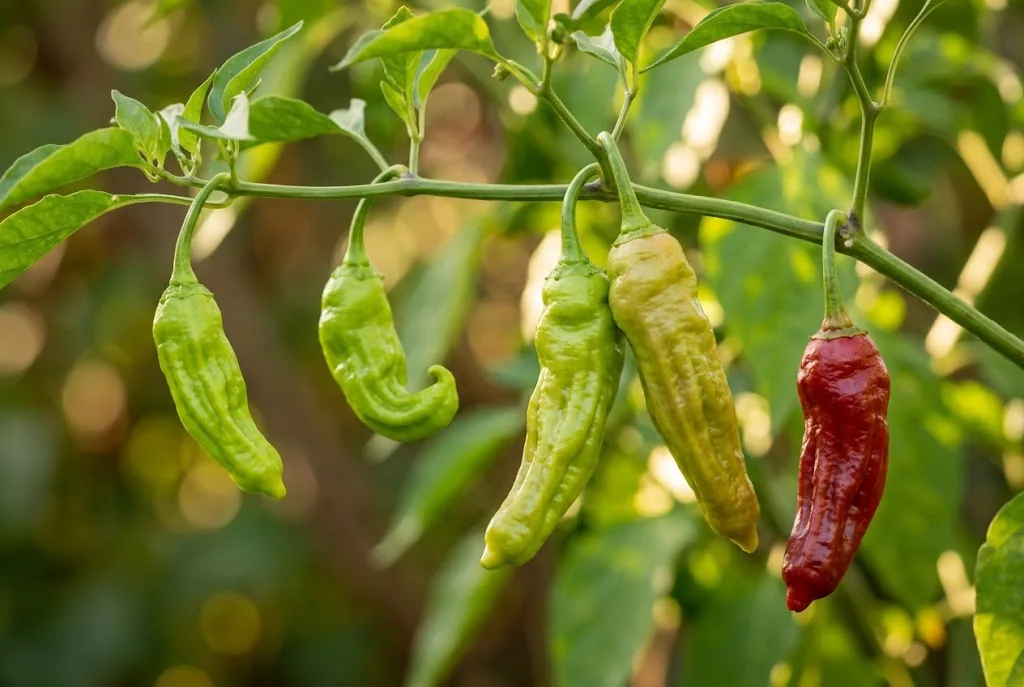 A single Capsicum annuum branch with green, turning and ripe red shishito peppers at three stages