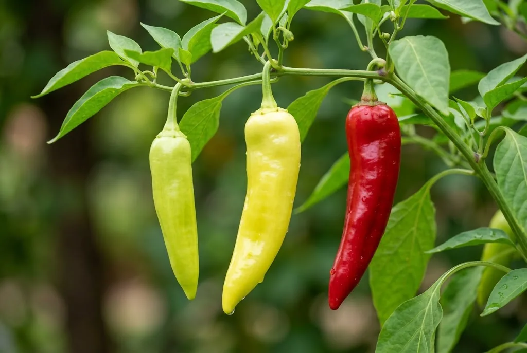 Living banana pepper branch showing pale green, turning orange, and ripe red pods