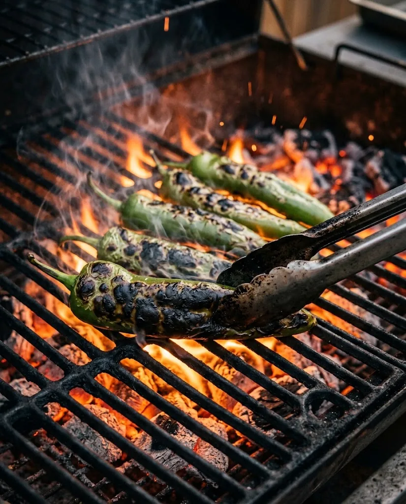 Four Anaheim pepper pods blistering on a backyard grill over glowing orange embers with smoke curling upward