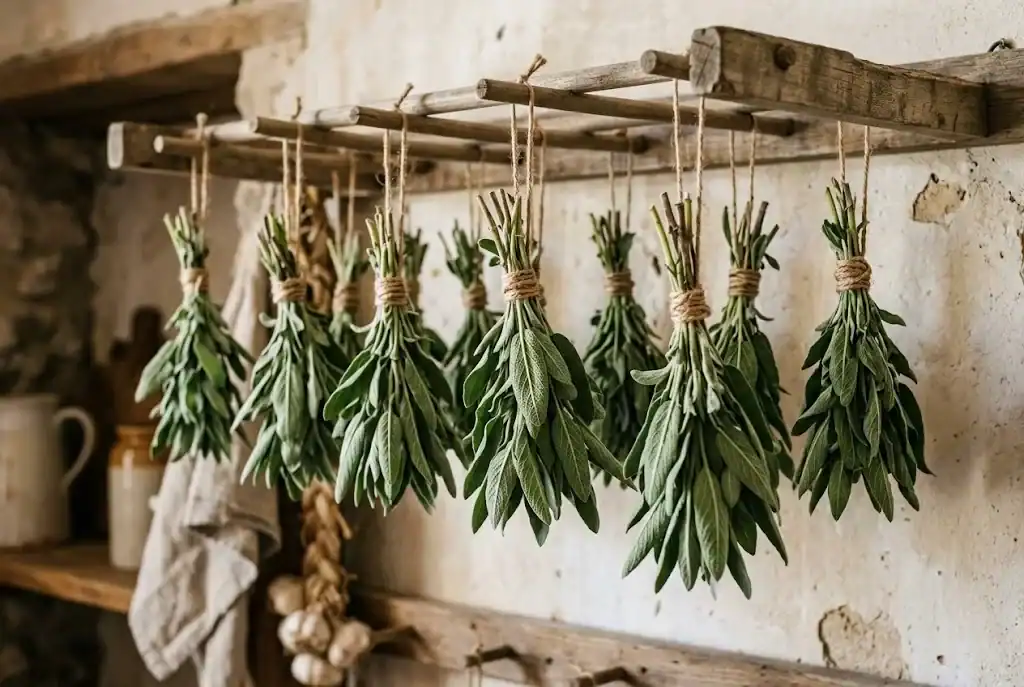 Bundles of harvested common sage hanging upside down to dry on natural jute twine
