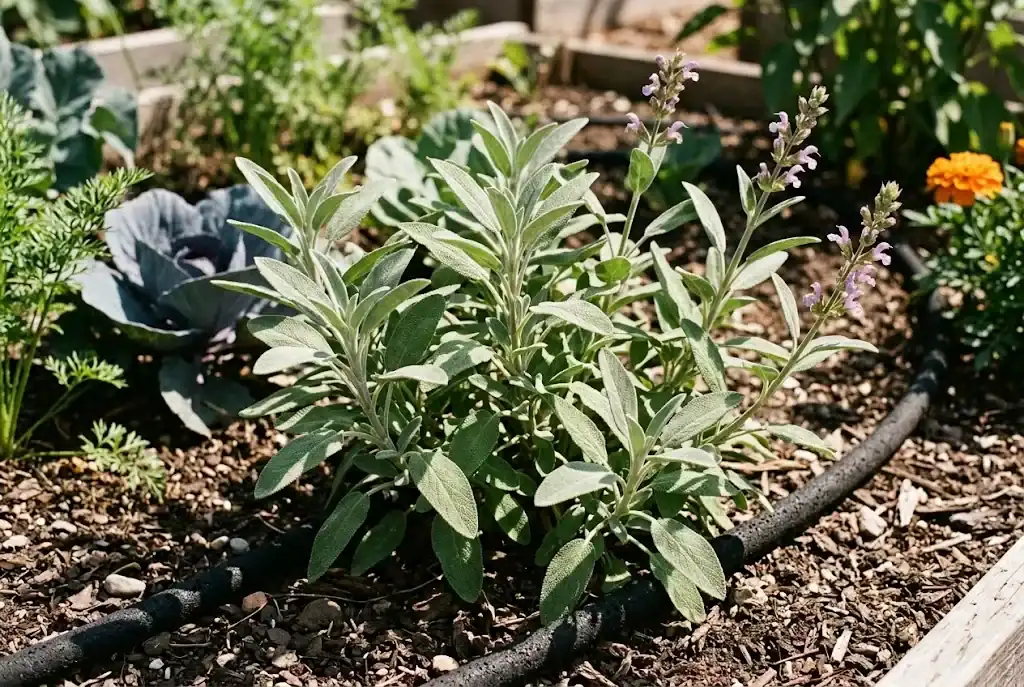 Mature common sage plant in full sun at the edge of a vegetable bed