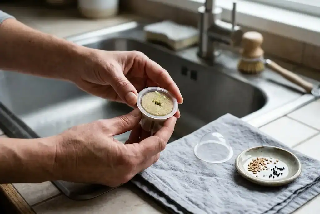 Hands opening a refillable seed pod over a kitchen sink, with a sprouted seedling and a small dish of parsley and chive seeds nearby