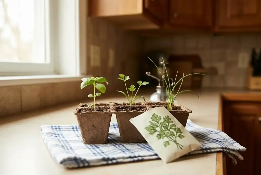 A close view of basil, parsley, and chive seedlings just emerged in a seed-starting tray on a kitchen counter