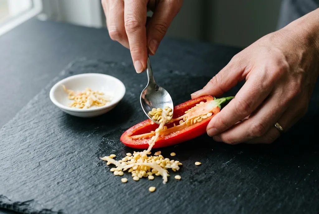 An adult hand holding a halved red ripe jalapeño open on dark slate while the other hand uses a small stainless spoon to scrape pith and seeds out of the cavity into a small white ceramic dish beside the pod