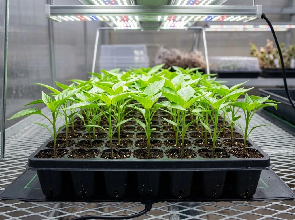 Young Capsicum baccatum Bishop's Crown pepper seedlings growing in a nursery plug cell tray under indoor LED lights