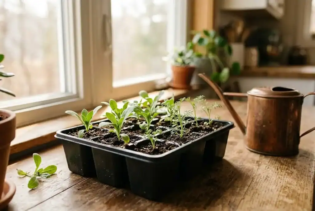 Calendula and chamomile seedlings in a seed tray beside a small watering can