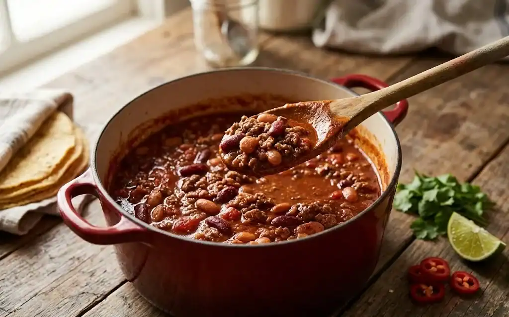 A spoonful of simmering chili lifted from a Dutch oven showing beans and ground beef in thick red sauce