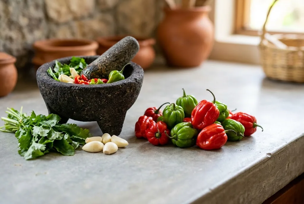 Ají dulce peppers, culantro, and garlic prepared for Caribbean sofrito