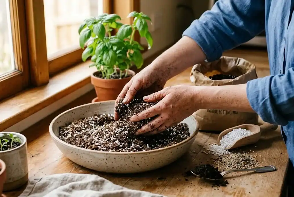 Hands mixing potting soil, perlite, and compost in a shallow bowl on a kitchen counter