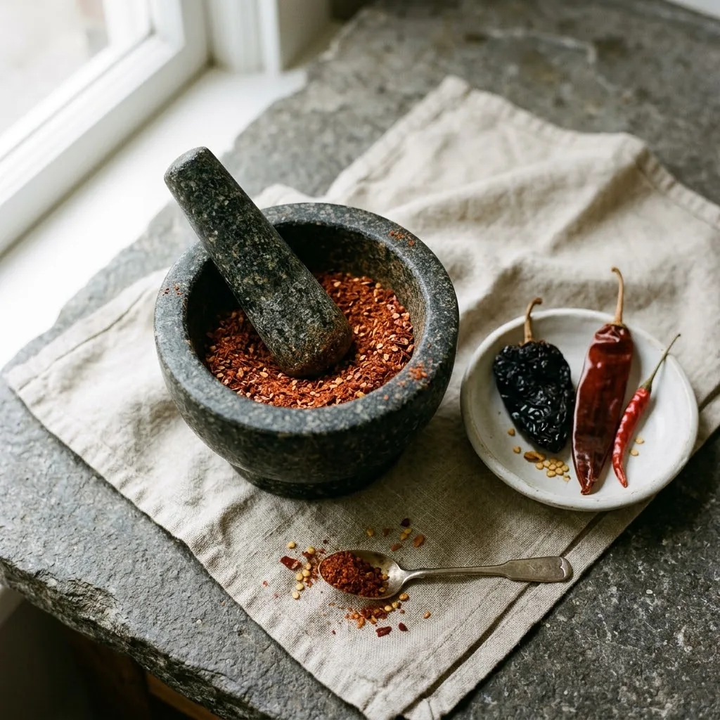 A dark granite mortar and pestle holding coarse brick-red chili powder beside dried ancho, guajillo, and chile de ?írbol pods on linen.