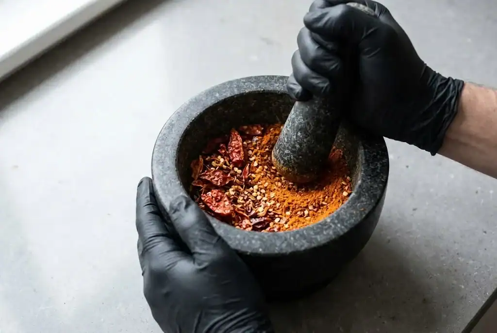 Gloved hands grinding dried red Bhut Jolokia ghost pepper flakes and fine pungent powder with granite pestle in dark mortar