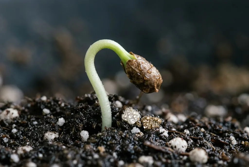 Newly emerged chili seedling hypocotyl loop arching upward and lifting the seed coat from dark potting mix
