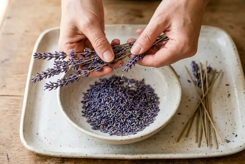 Hands stripping whole dried purple lavender buds from flower spikes into a shallow bowl