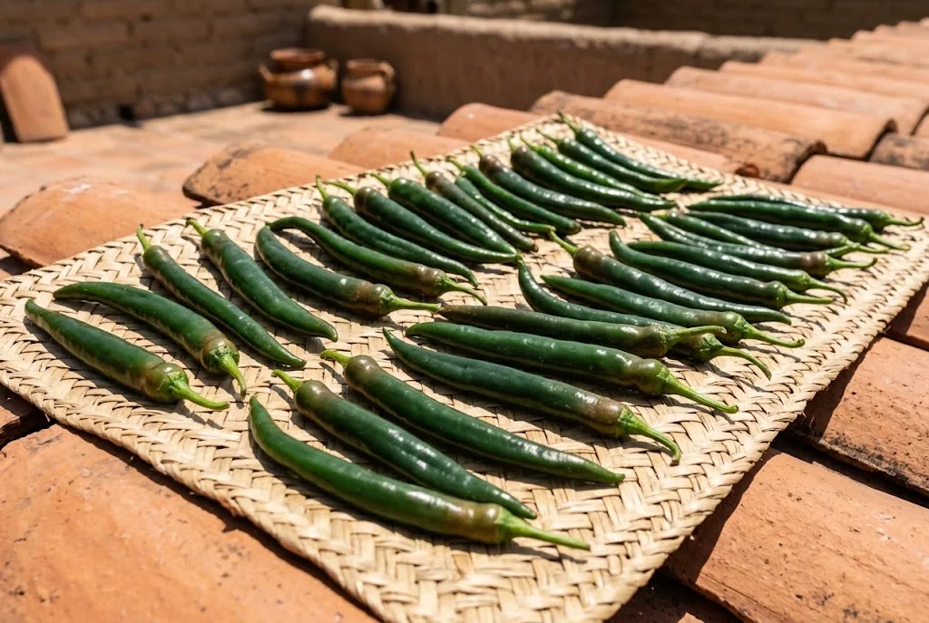 Chilaca pods drying in sunlight on a woven mat