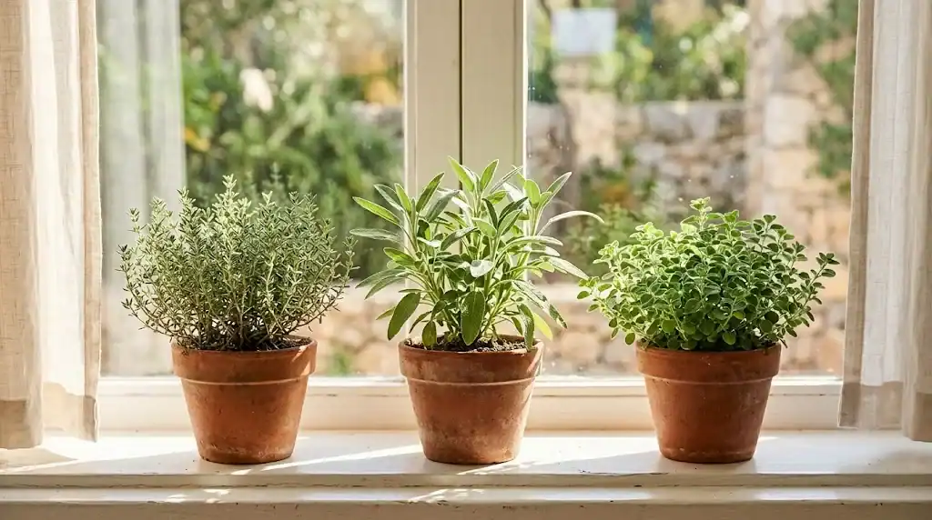 Three small terracotta pots of thyme, sage, and oregano on a bright south-facing windowsill
