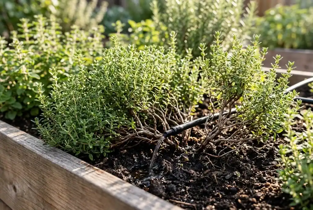 Morning sunlight across a raised herb bed with drip irrigation watering the base of English thyme plants