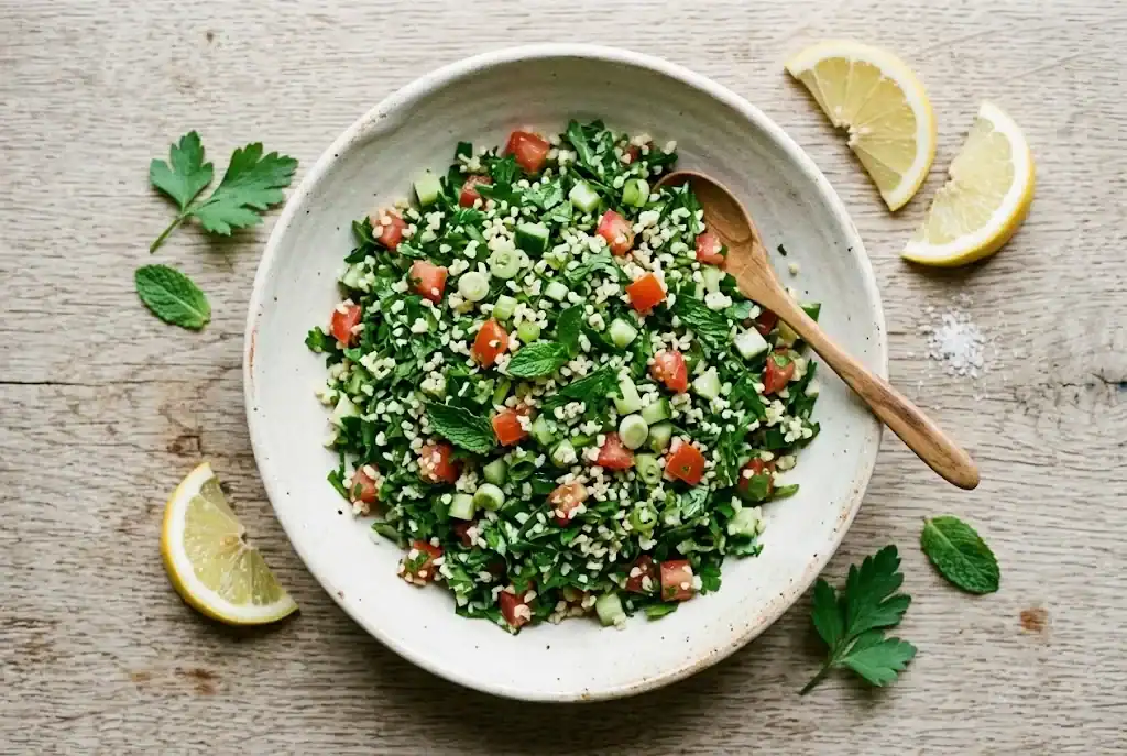 A bowl of parsley tabbouleh with bulgur, tomato, cucumber, and lemon