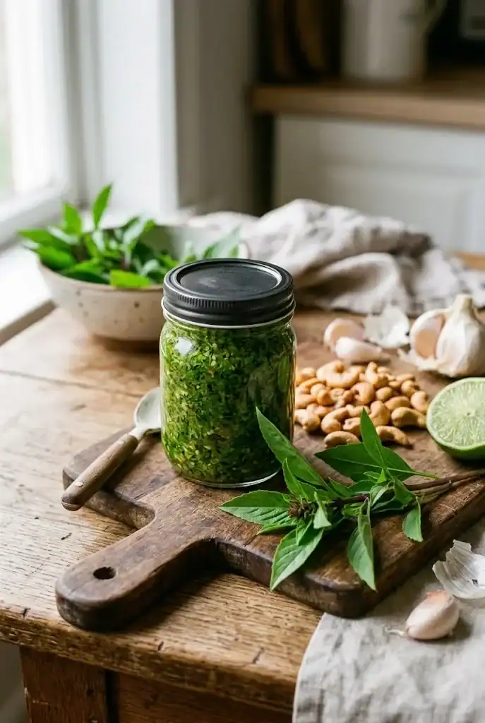A jar of Thai basil pesto beside toasted cashews, garlic, lime, and a sprig of Thai basil