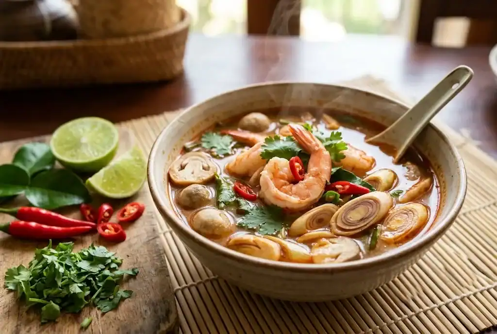 Steaming bowl of Thai tom yum soup with shrimp, mushrooms, and bruised lemongrass sections in red broth