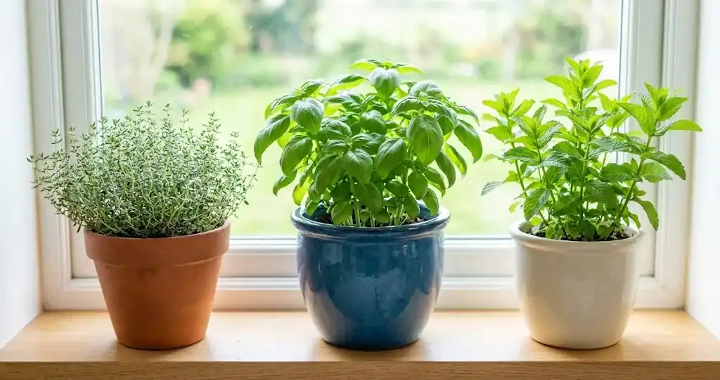 Three potted herbs on a bright kitchen windowsill, thyme, Genovese basil, and common mint, each in its own container