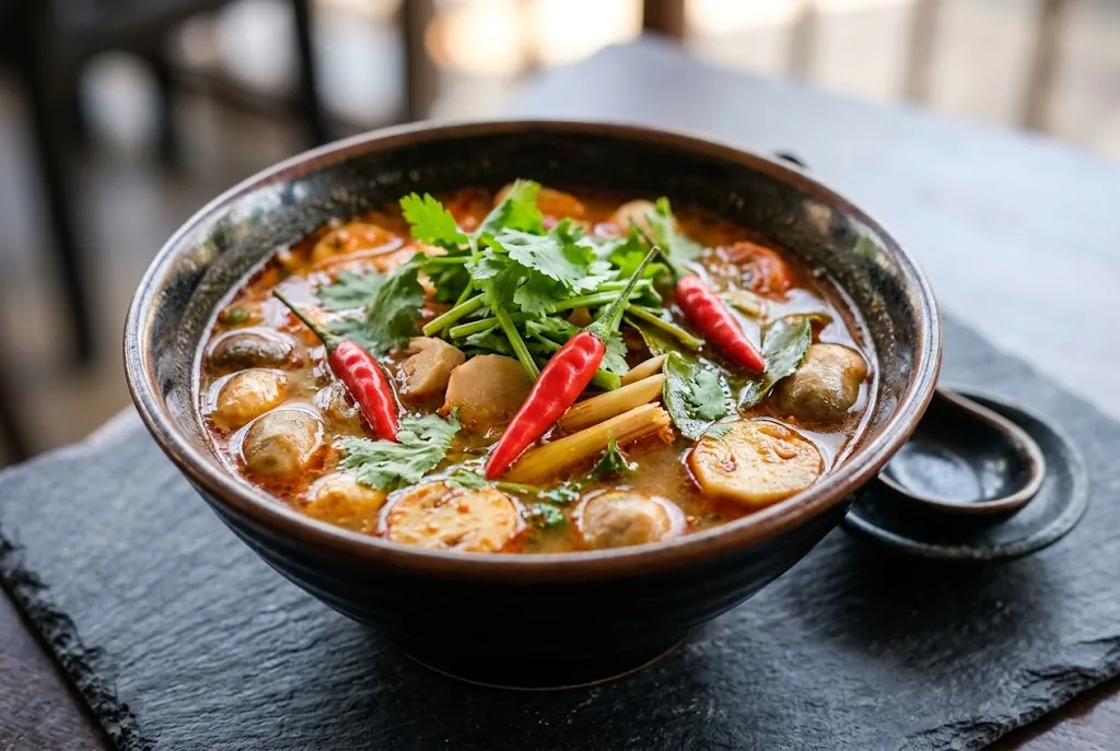 A dark ceramic bowl of tom yum soup with three ripe red Thai bird's eye pods floating among lemongrass, galangal, straw mushrooms, and cilantro