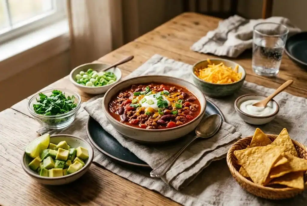 Bowl of red chili surrounded by cheddar, sour cream, scallions, lime, and tortilla chips
