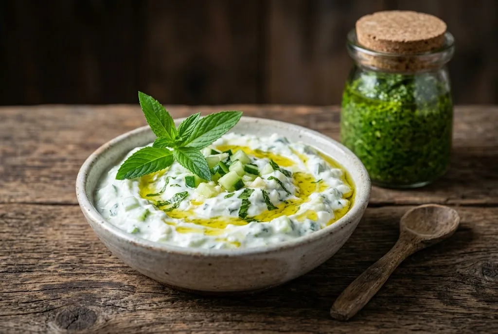 Rustic ceramic bowl of creamy Greek tzatziki yogurt sauce garnished with chopped spearmint and olive oil
