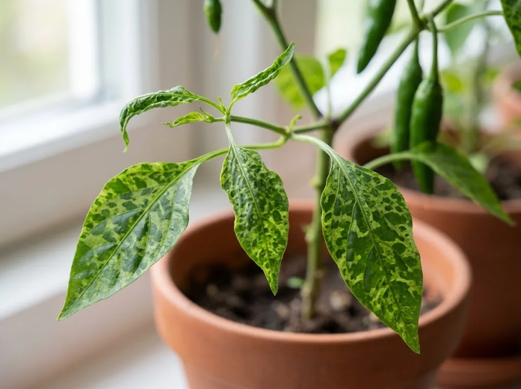 Single chili branch with mottled light and dark green leaves showing a viral mosaic pattern and strap-like leaf distortion