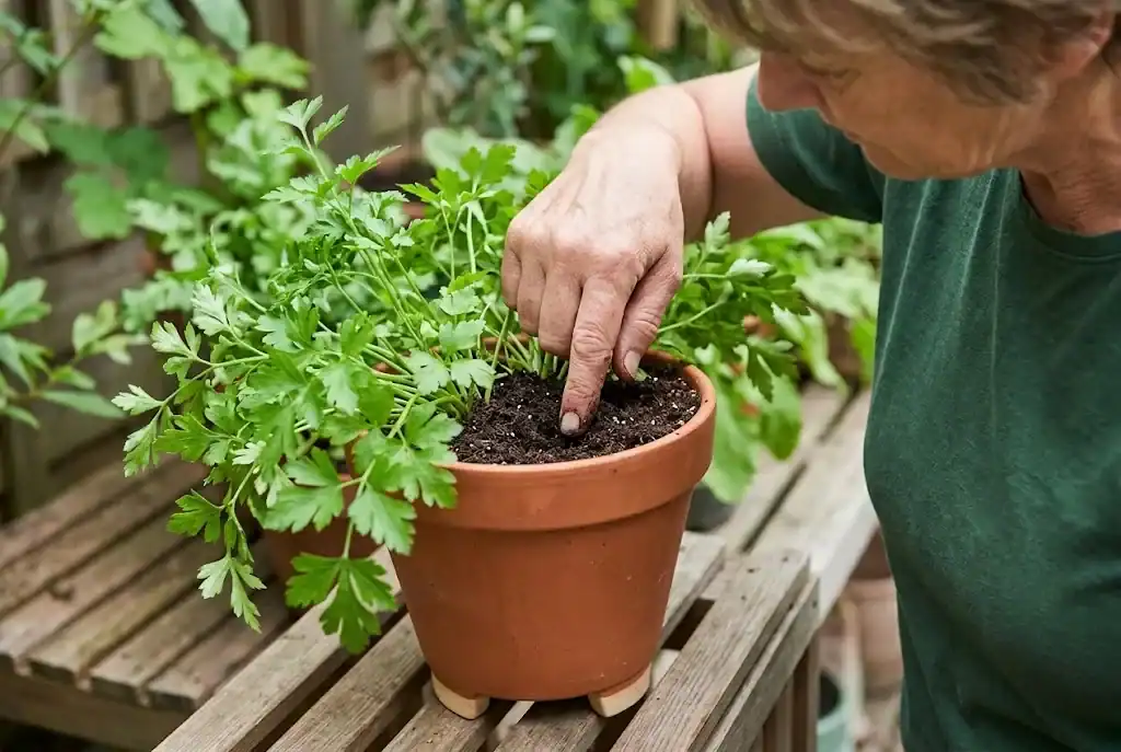 A gardener checking moist well-drained potting mix beside parsley