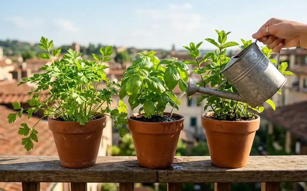 Watering can pouring onto a basil in a terracotta pot on a balcony railing.