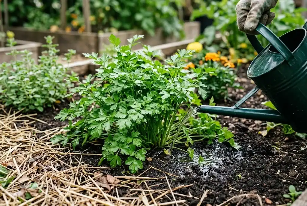 Parsley receiving soil-level watering beside mulch