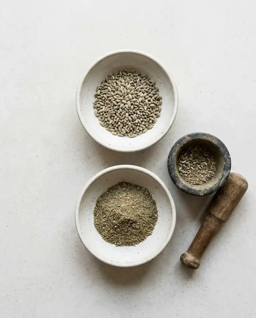 Whole culinary anise seed and freshly ground anise beside a mortar and pestle