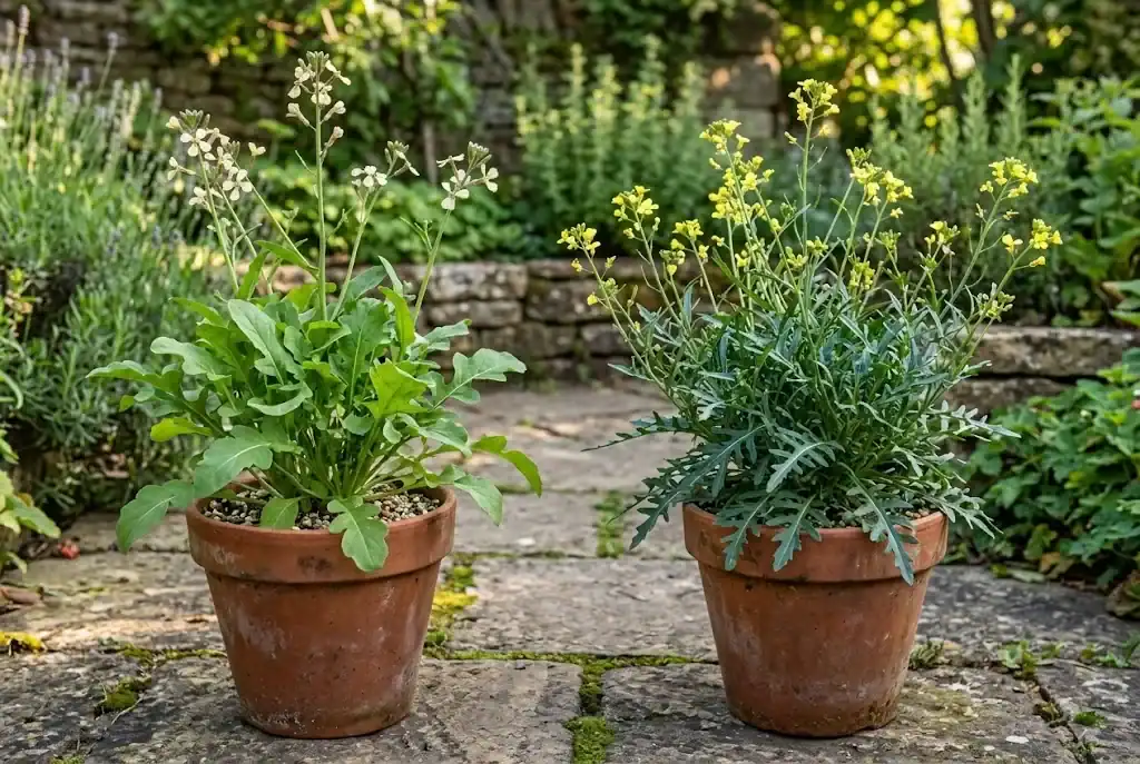 Side-by-side comparison of potted annual salad rocket and perennial wild rocket on a stone patio