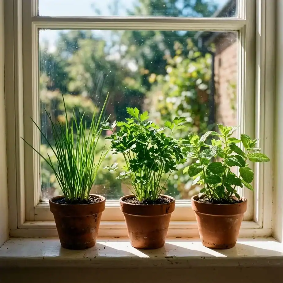 Three small pots of chives, parsley, and mint on a south-facing kitchen windowsill catching morning sun for winter herbs