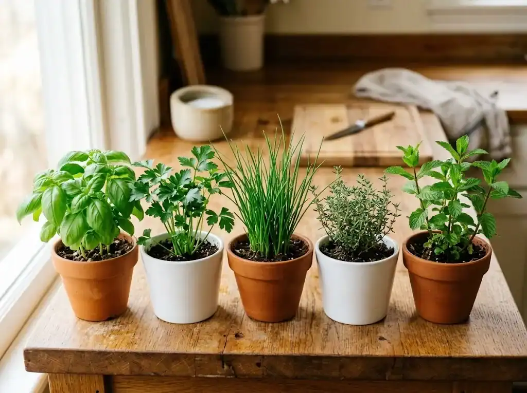Five small herb containers lined up on a kitchen counter holding basil, parsley, chives, thyme, and mint