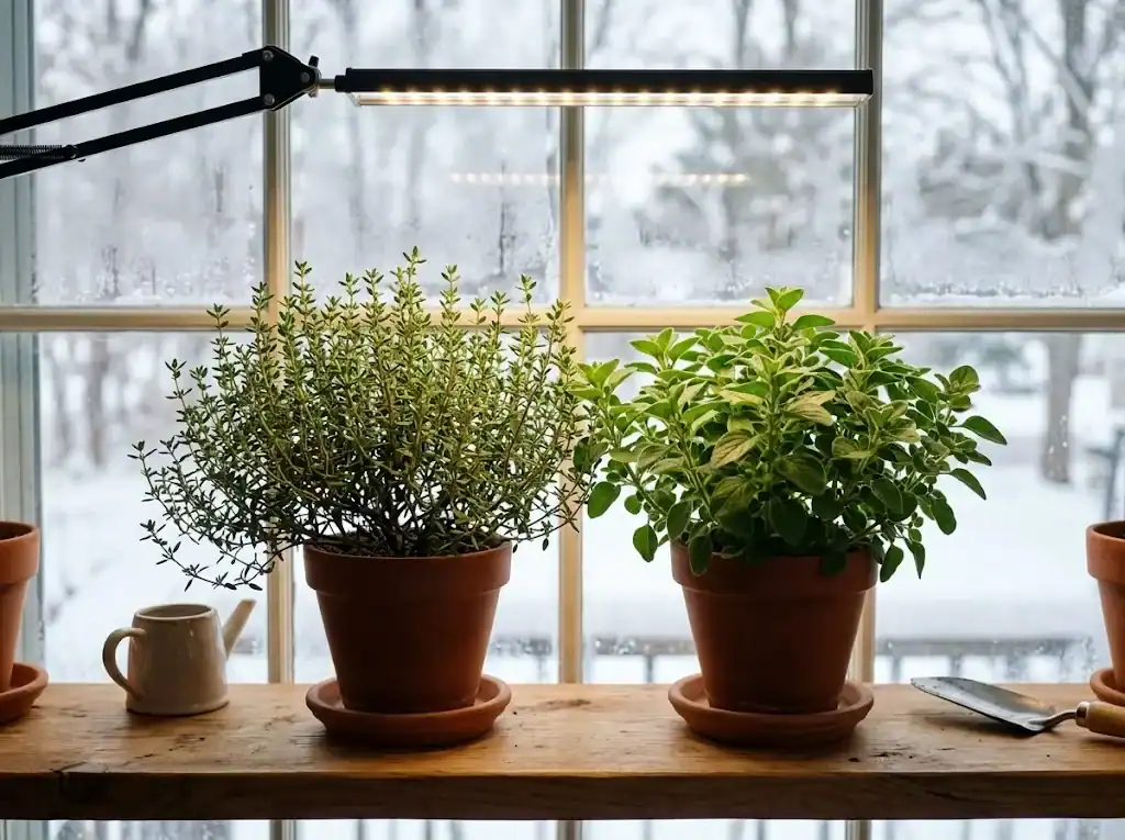 Indoor herb pots growing under an LED grow light during winter