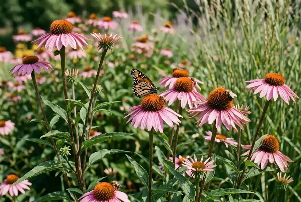 Echinacea purpurea in bloom with a butterfly on the cone center and a bee visiting a neighboring flower