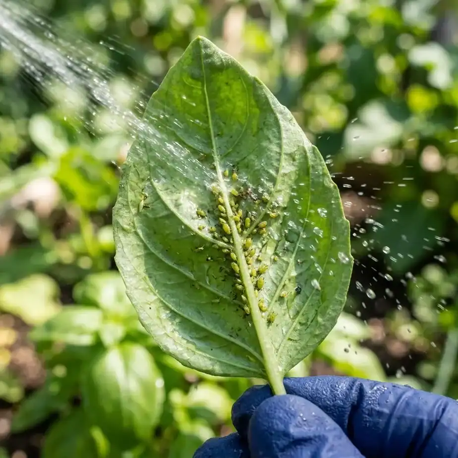 A close-up of a green aphid cluster on the underside of a basil leaf being washed off with a gentle spray from a hose