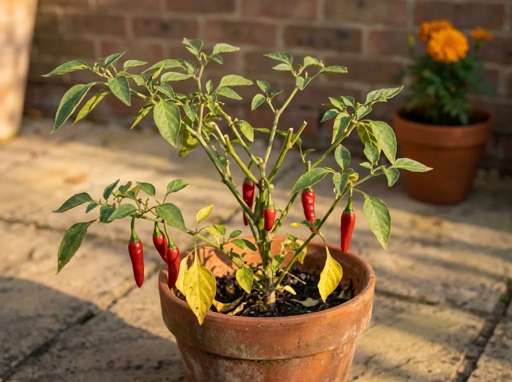A small chili plant in a terracotta pot being cut back by about a third in early autumn, several short clean cuts across the canopy and a few ripe red pods left on the lower stems, low golden autumn sunlight.