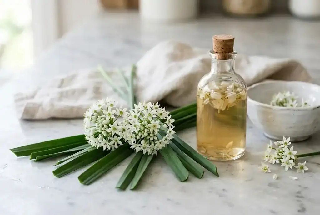 Garlic chive white blossoms on the plant beside a small glass bottle of chive blossom vinegar