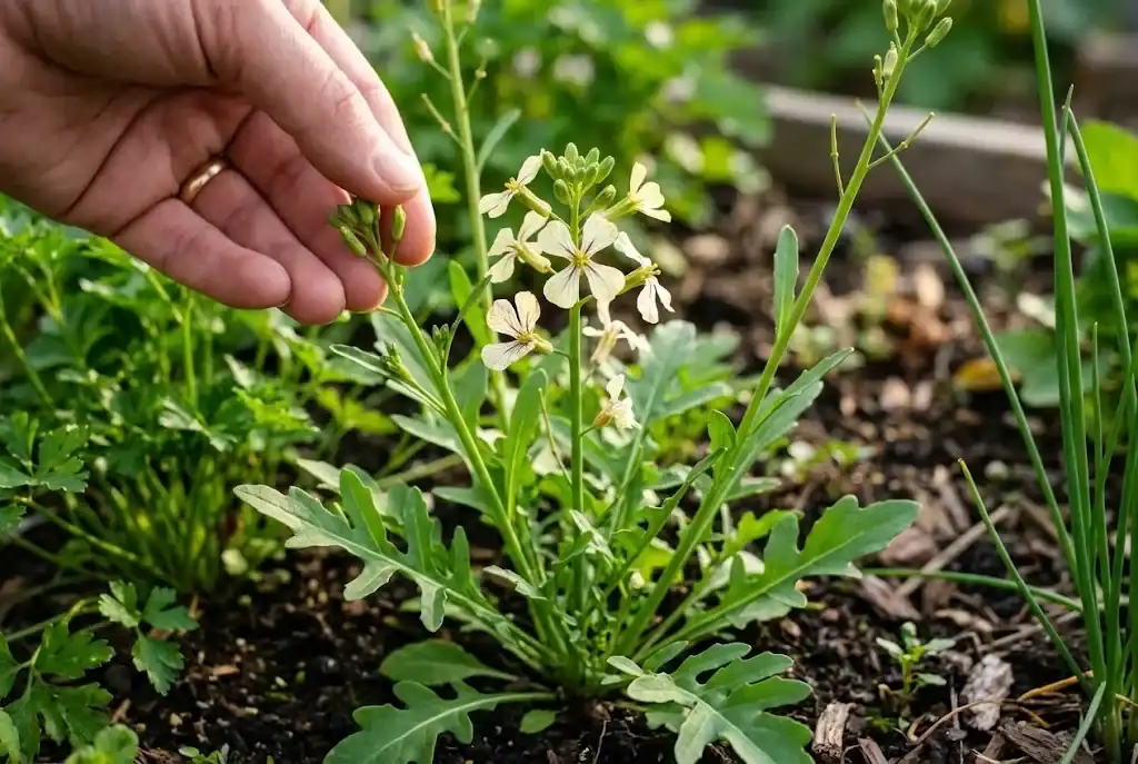 Rocket plant with emerging flower stalk and delicate edible blooms being pinched back