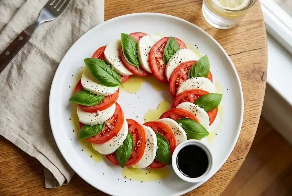 Overhead view of a white plate with alternating tomato and mozzarella slices and whole basil leaves between them