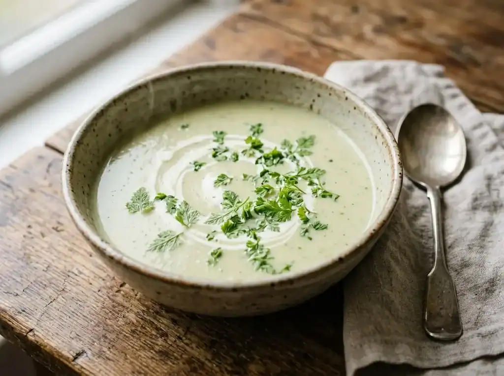 A rustic ceramic bowl of cream of chervil soup garnished with a swirl of cream and chopped chervil