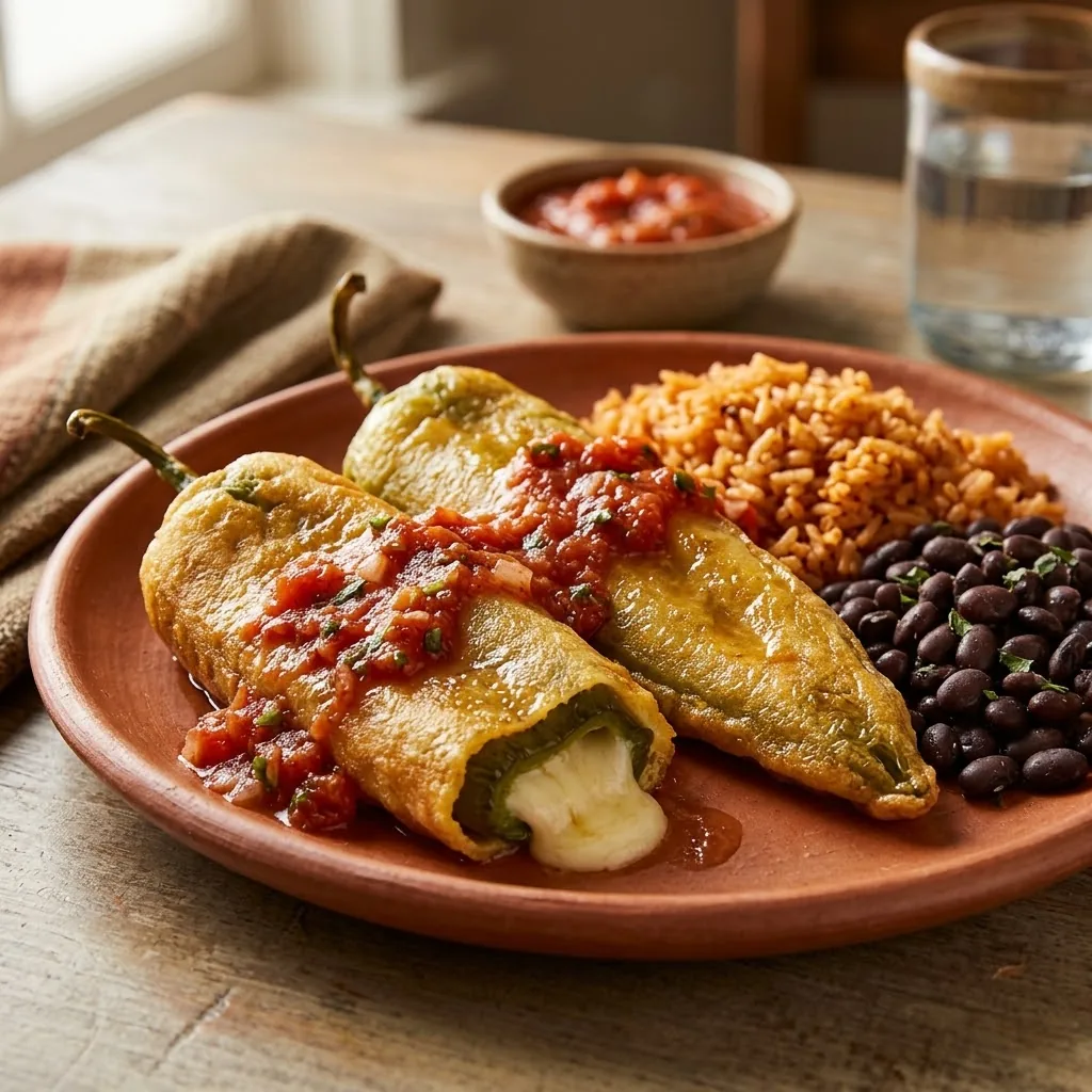 Two golden battered chiles rellenos made from Anaheim peppers on a terracotta plate with a small bowl of red tomato salsa