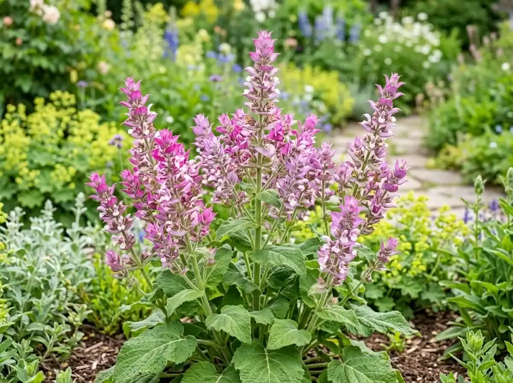 Blooming clary sage displaying velvety green leaves and showy lilac-pink floral spikes