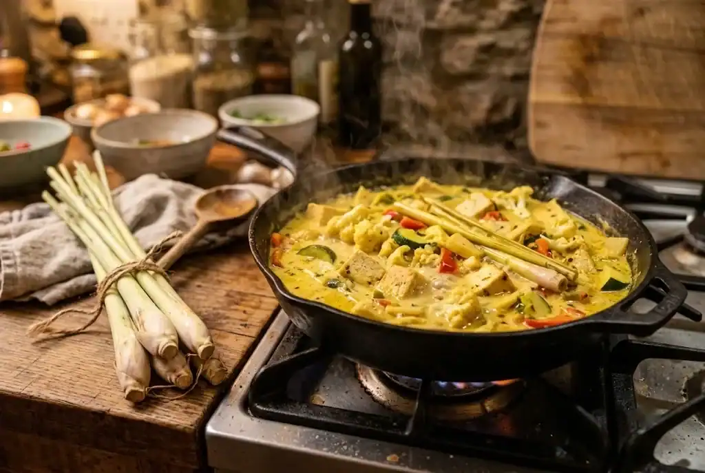 Yellow coconut curry simmering in a skillet with vegetables and infused with whole bruised lemongrass stalks