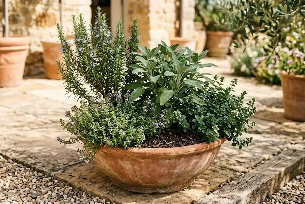 Rosemary, thyme, oregano, and sage growing together in one wide Mediterranean herb planter